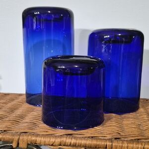 Set of Three Blue Glass Vases